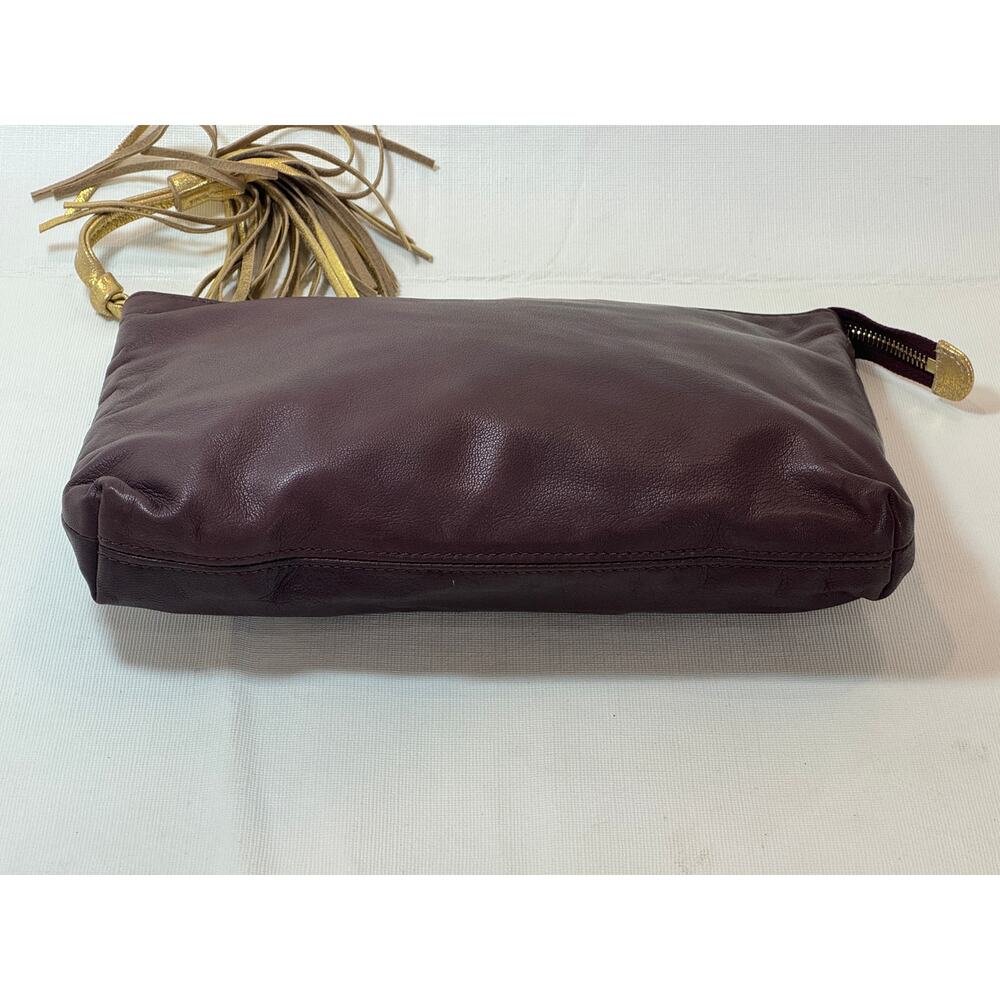 Figue Burgundy Leather Clutch Handbag Gold Tassel Logo With Dust Bag - Picture 5 of 9